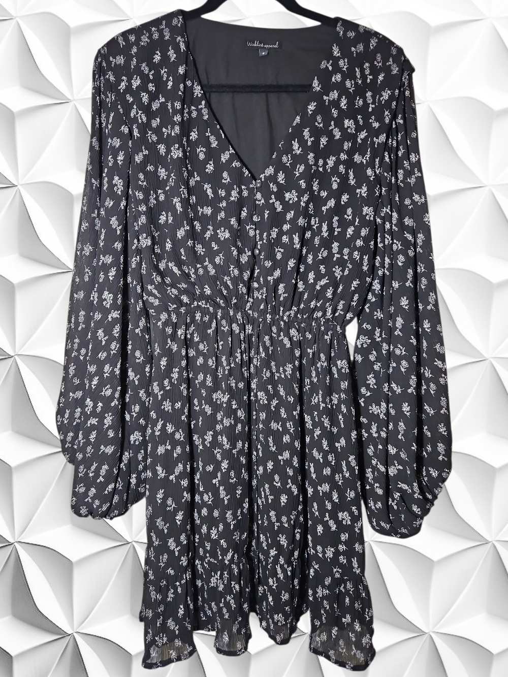 Wishlist Apparel Black Floral Crinkle Mini Dress Long Balloon Sleeve V-Neck Smal